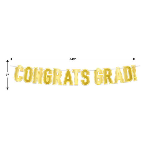 Gold foil graduation banner showing size 7 inches tall by 5 feet 3 inches long