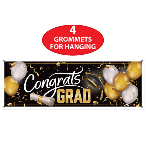Graduation banner with white Congrats lettering gold Grad text and gold silver balloon graphics on black background with Red Label indicating the 4 grommets for hanging