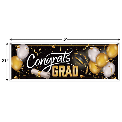 Graduation banner showing size 5 feet wide by 21 inches tall with reinforced grommets for hanging
