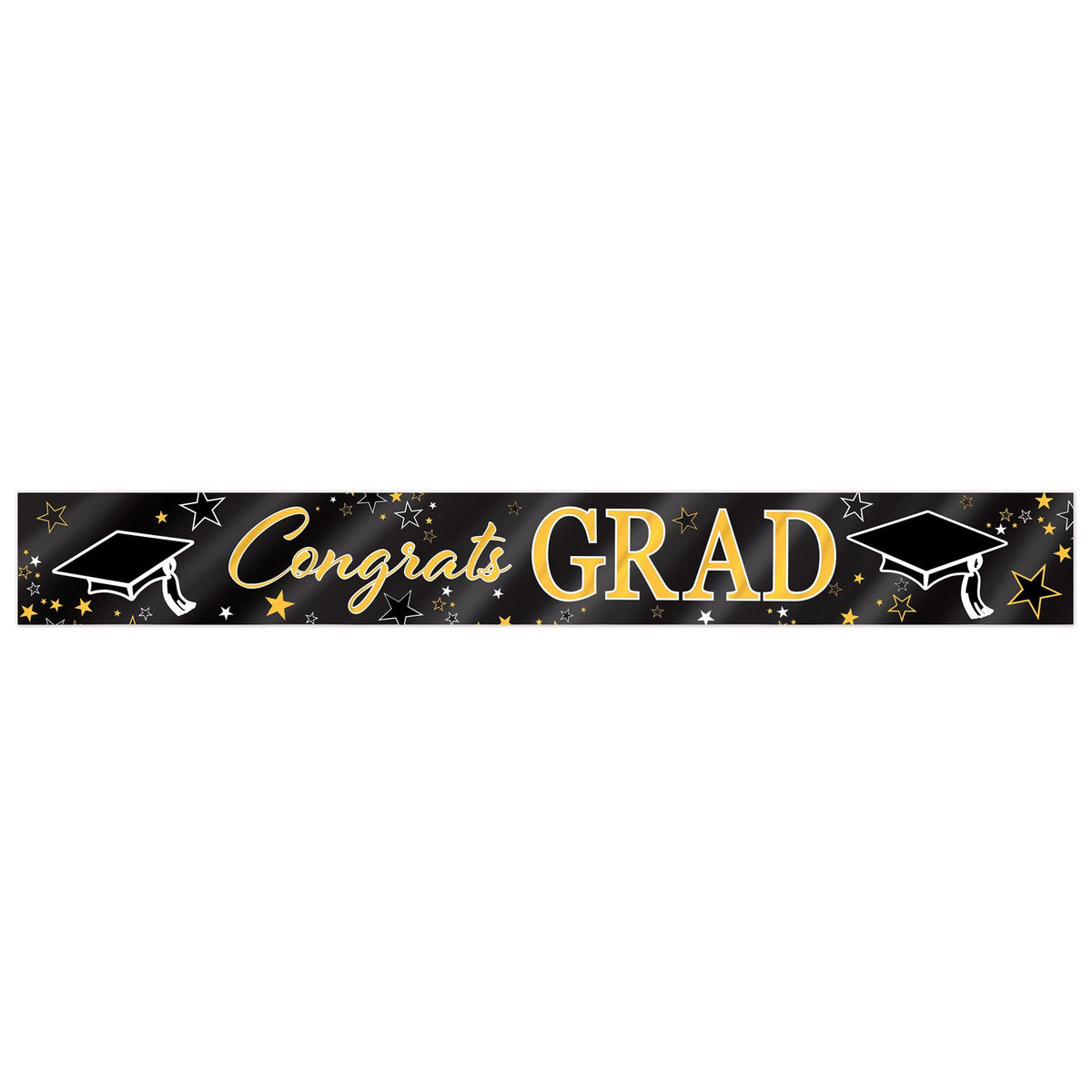 Black graduation banner with metallic gold Congrats Grad lettering party decoration available in Manahawkin NJ