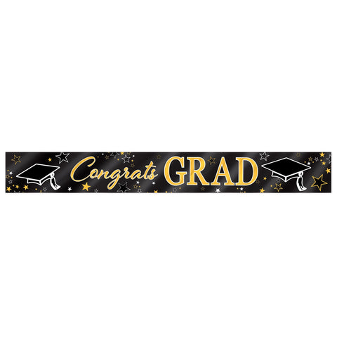 Black graduation banner with metallic gold Congrats Grad lettering party decoration available in Manahawkin NJ