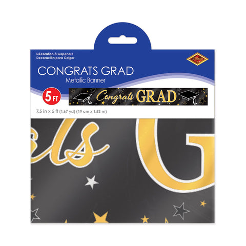 Retail packaging for black graduation banner with metallic gold Congrats Grad lettering