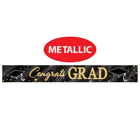 Black graduation banner featuring metallic gold Congrats Grad lettering for graduation party decoration with Metallic label.