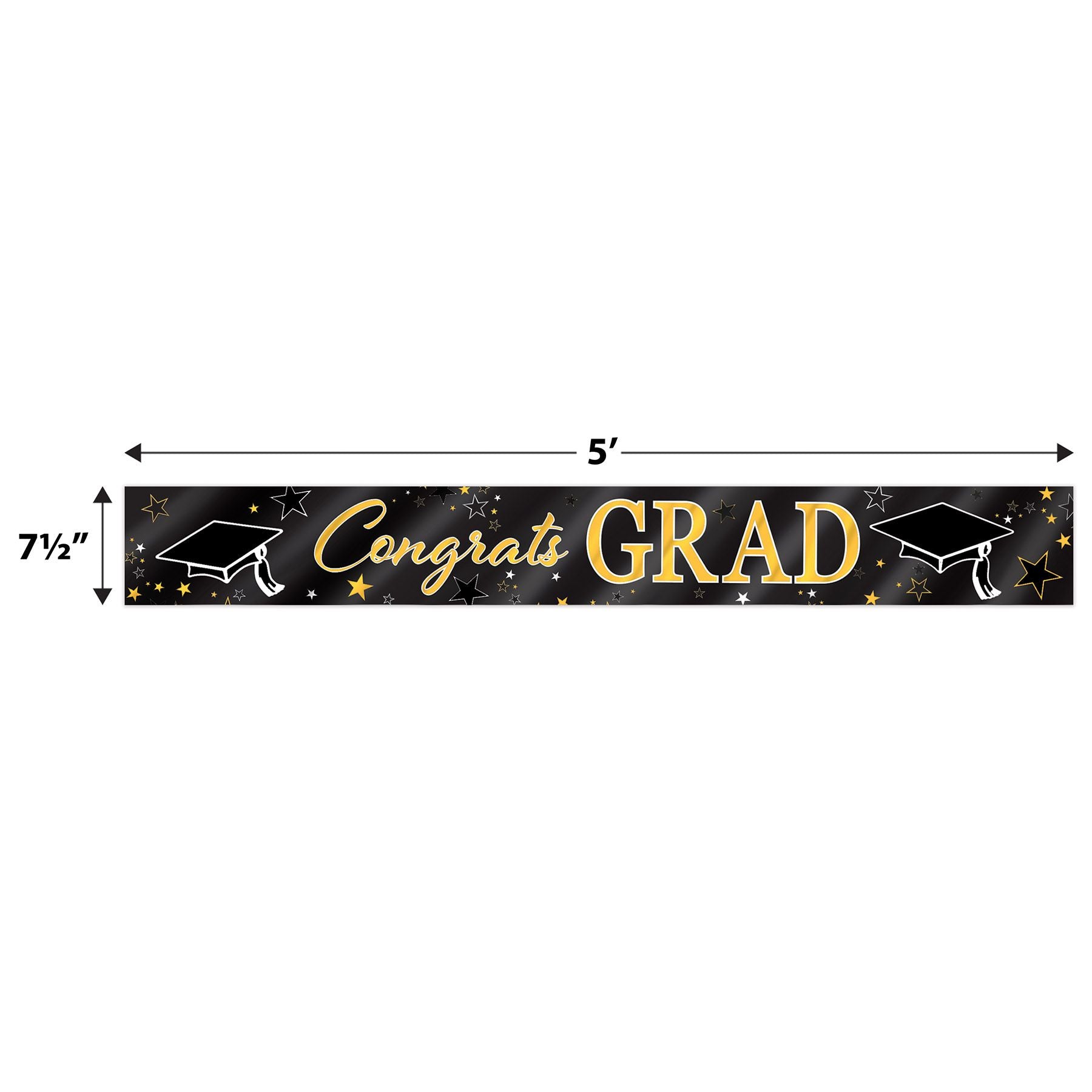 Graduation banner with metallic gold Congrats Grad text measuring 7.5 inches tall by 5 feet long
