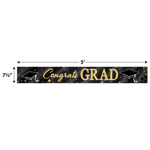 Graduation banner with metallic gold Congrats Grad text measuring 7.5 inches tall by 5 feet long