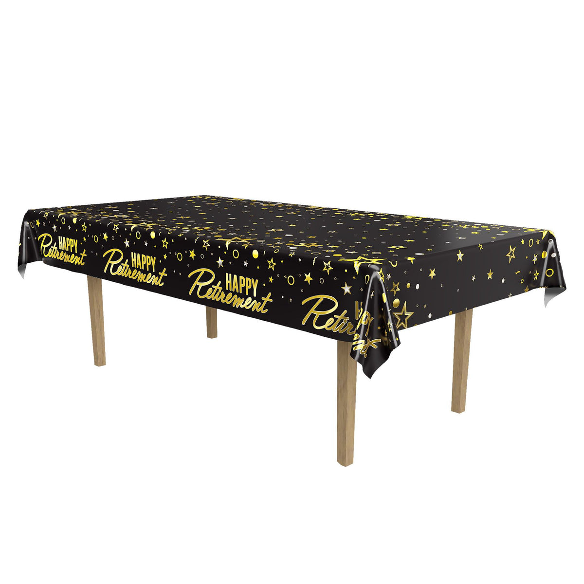 Metallic Happy Retirement Metallized Plastic Tablecover – 54" x 108" | Festive Party Tablecloth for Retirement Celebrations