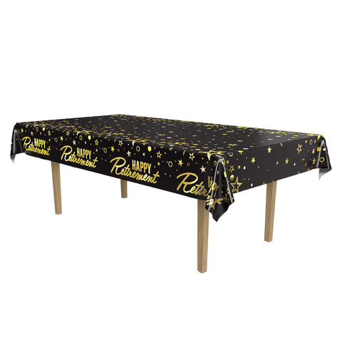 Metallic Happy Retirement Metallized Plastic Tablecover – 54" x 108" | Festive Party Tablecloth for Retirement Celebrations