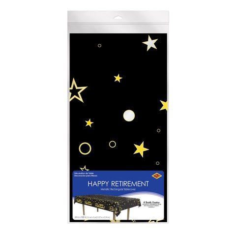 Metallic Happy Retirement Metallized Plastic Tablecover – 54" x 108" | Festive Party Tablecloth for Retirement Celebrations