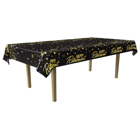 Metallic Happy Retirement Metallized Plastic Tablecover – 54" x 108" | Festive Party Tablecloth for Retirement Celebrations
