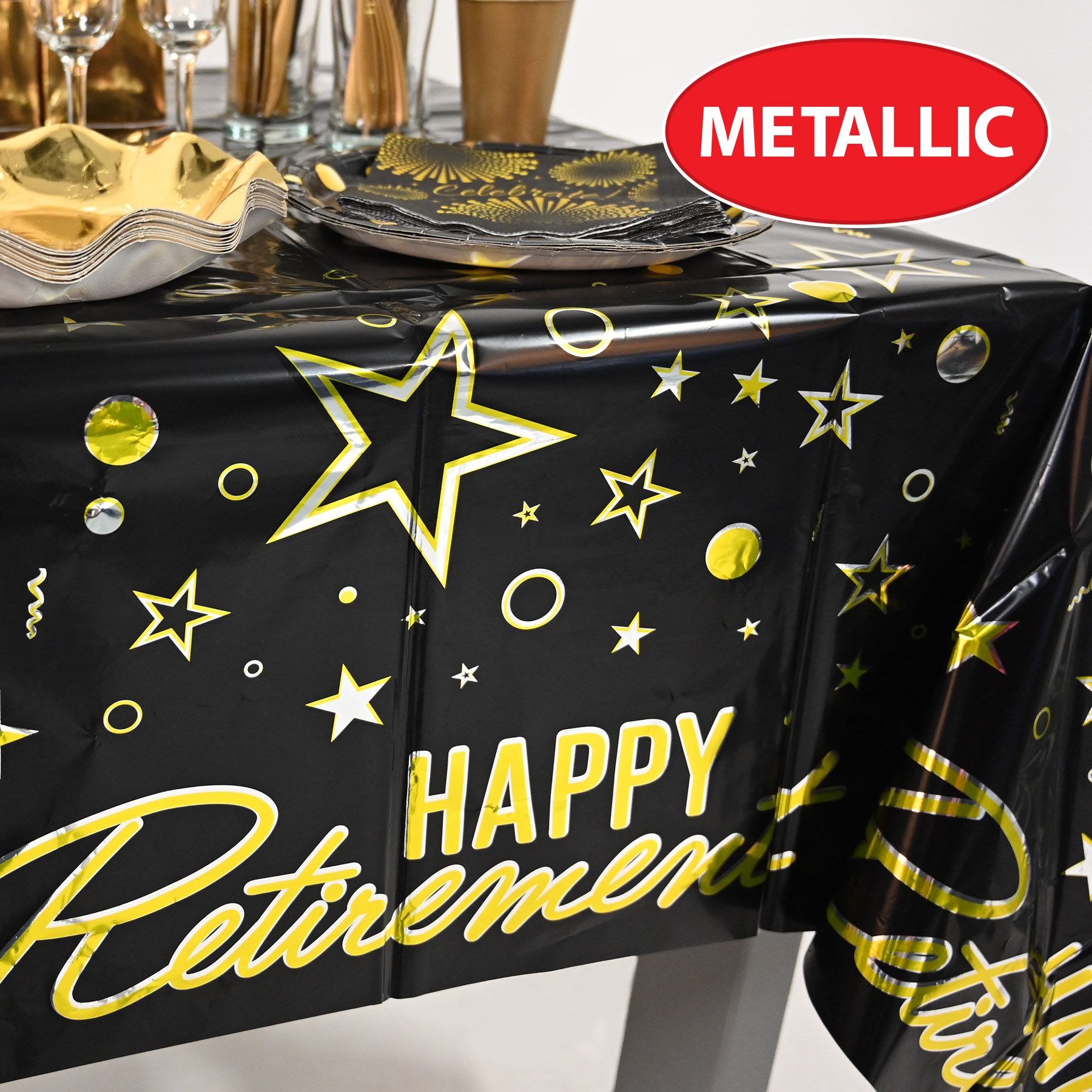 Metallic Happy Retirement Metallized Plastic Tablecover – 54" x 108" | Festive Party Tablecloth for Retirement Celebrations