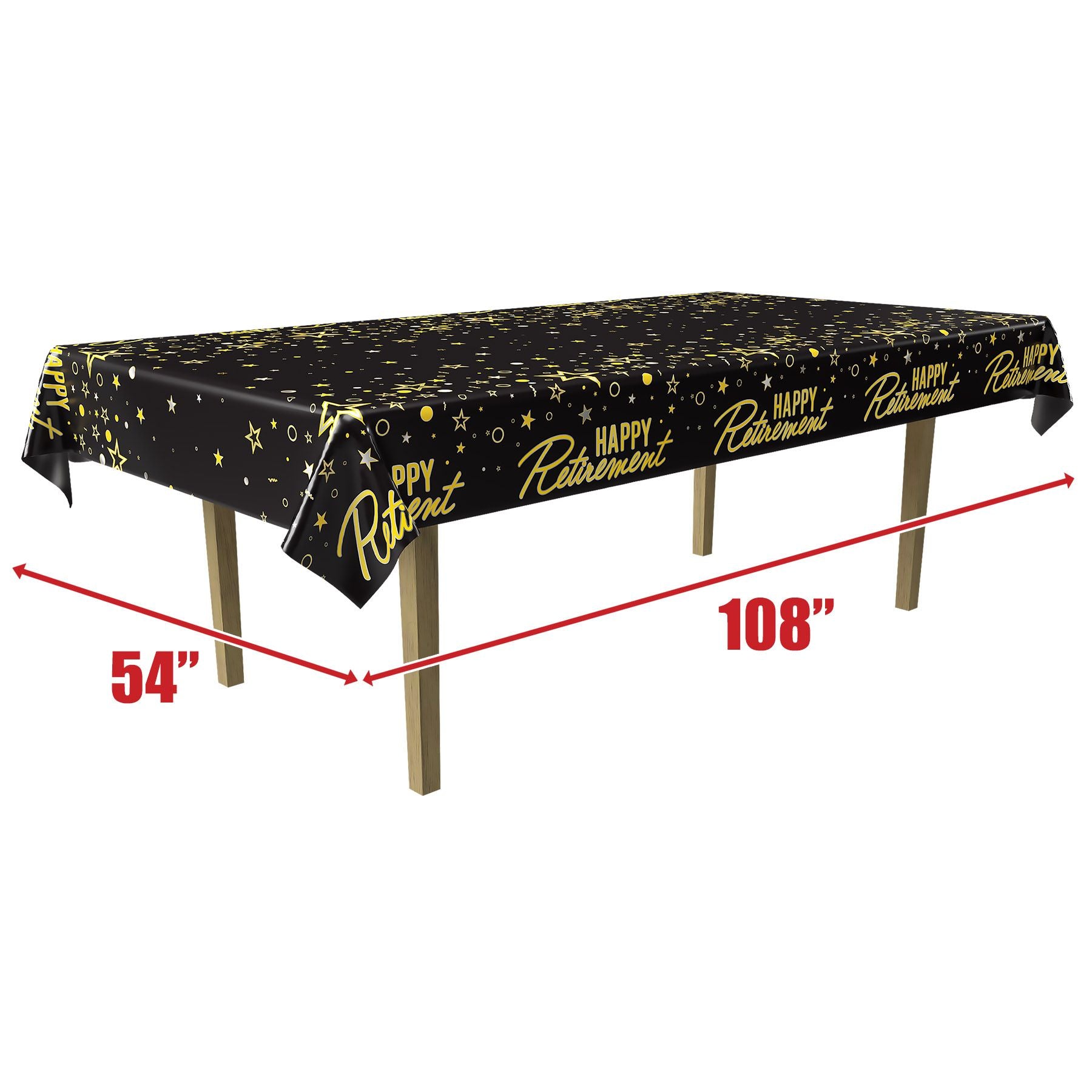 Metallic Happy Retirement Metallized Plastic Tablecover – 54" x 108" | Festive Party Tablecloth for Retirement Celebrations