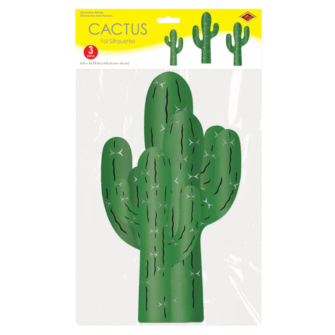 Foil cactus décor set in packaging showing 3 count and sizes