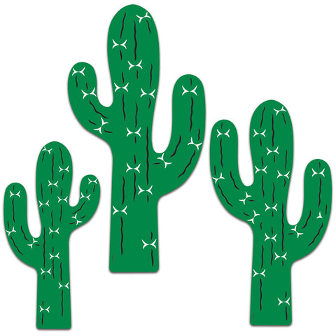 Three green cactus shapes with white flowers on a white background