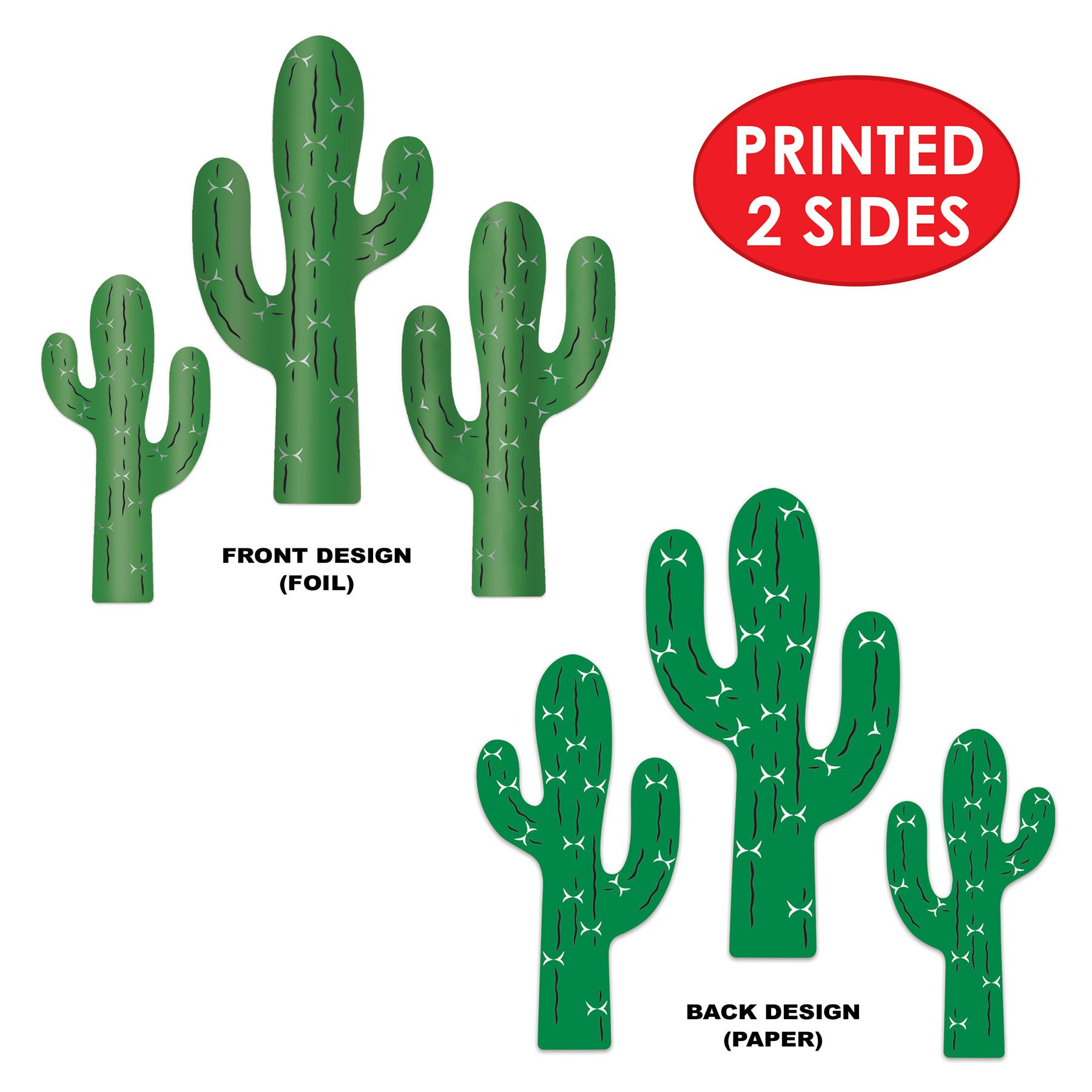 Hanging cactus silhouette foil décor pieces showing size variation and both sides of print