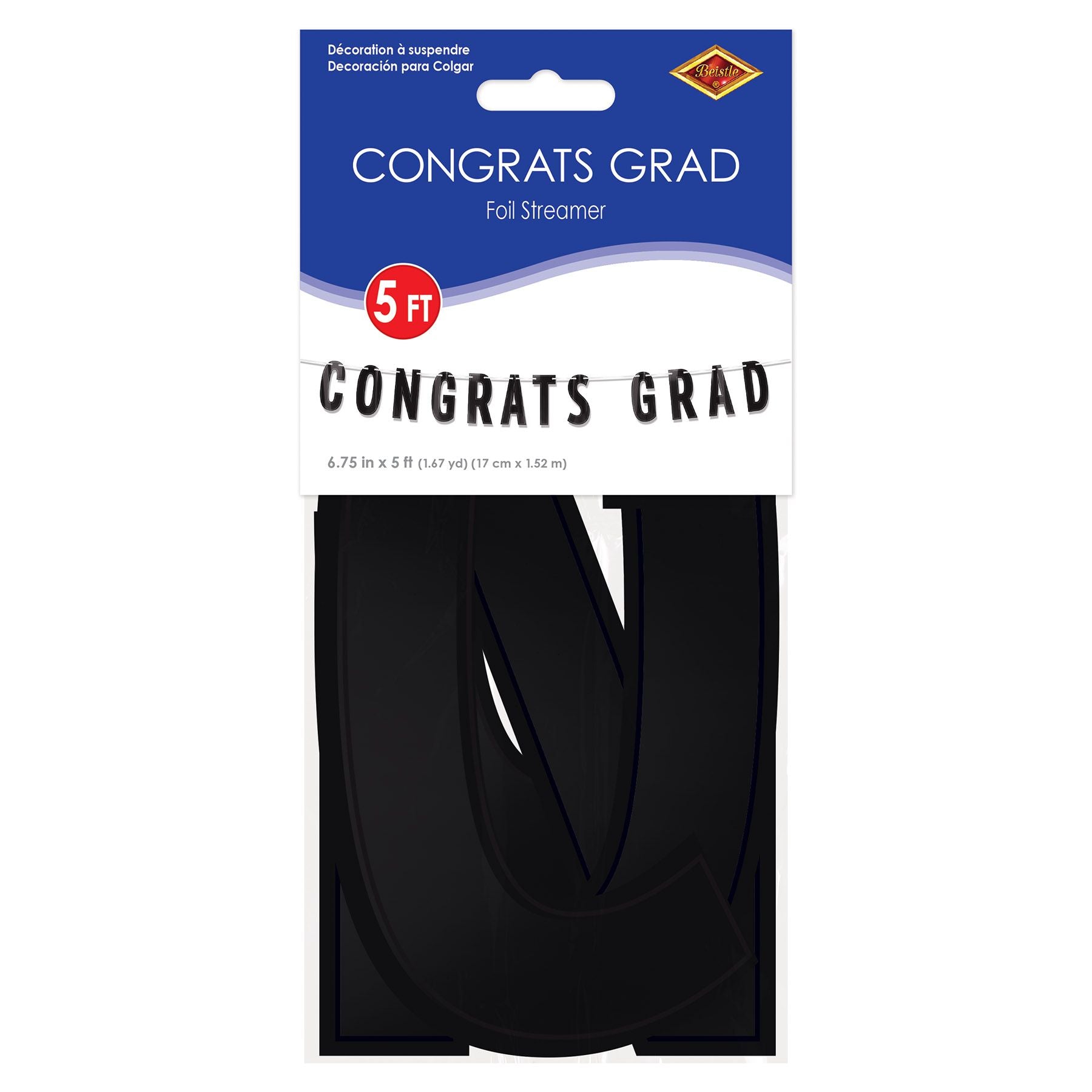Black “Congrats Grad” Banner 6¾" x 5’ shown in retail packaging for graduation party décor