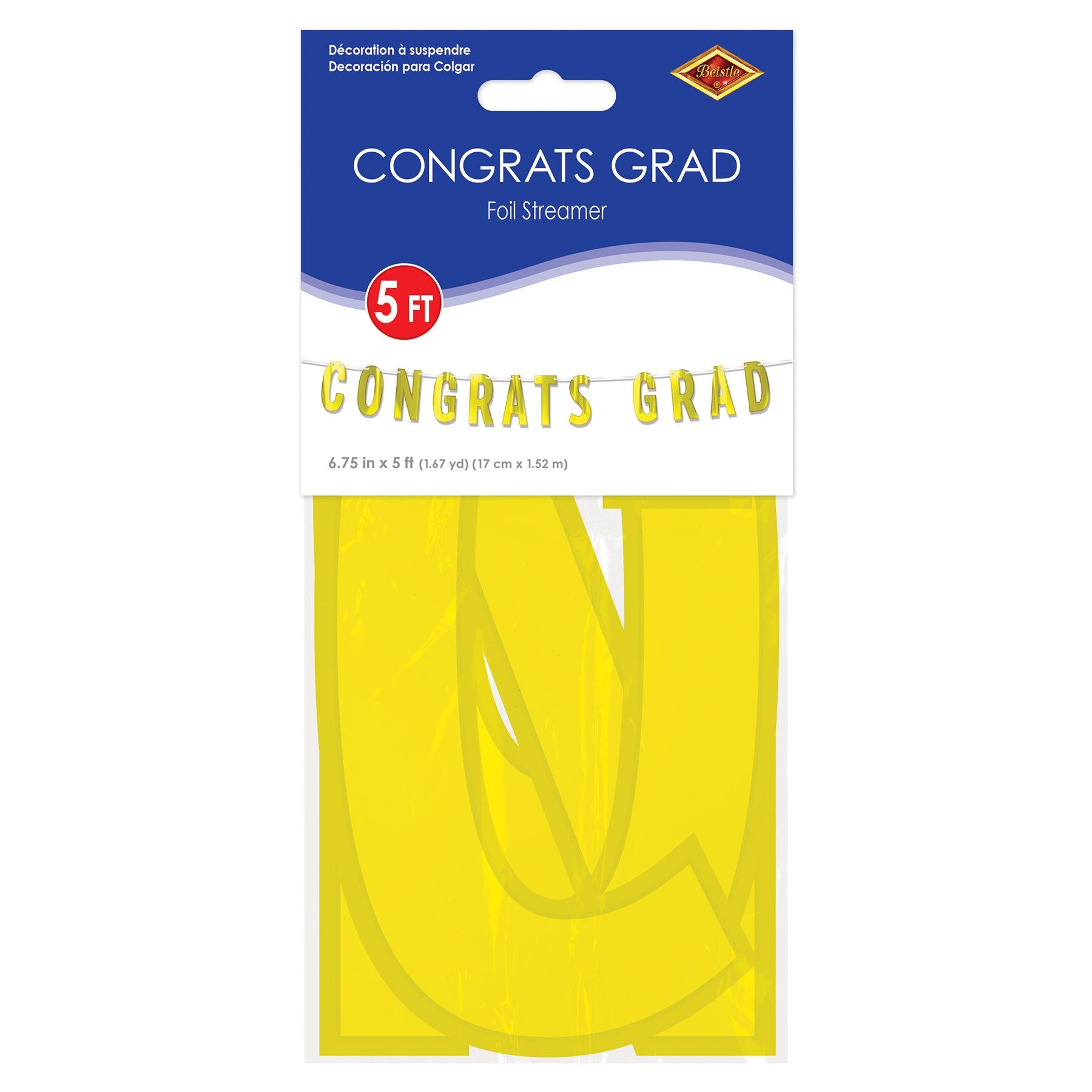 Gold Foil “Congrats Grad” Banner 6¾" x 5’ shown in retail packaging for graduation party décor