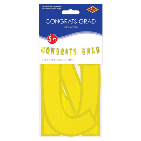 Gold Foil “Congrats Grad” Banner 6¾" x 5’ shown in retail packaging for graduation party décor