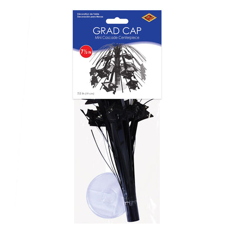 Black Grad Cap Cascade Centerpiece 7½" shown in retail packaging for graduation party décor