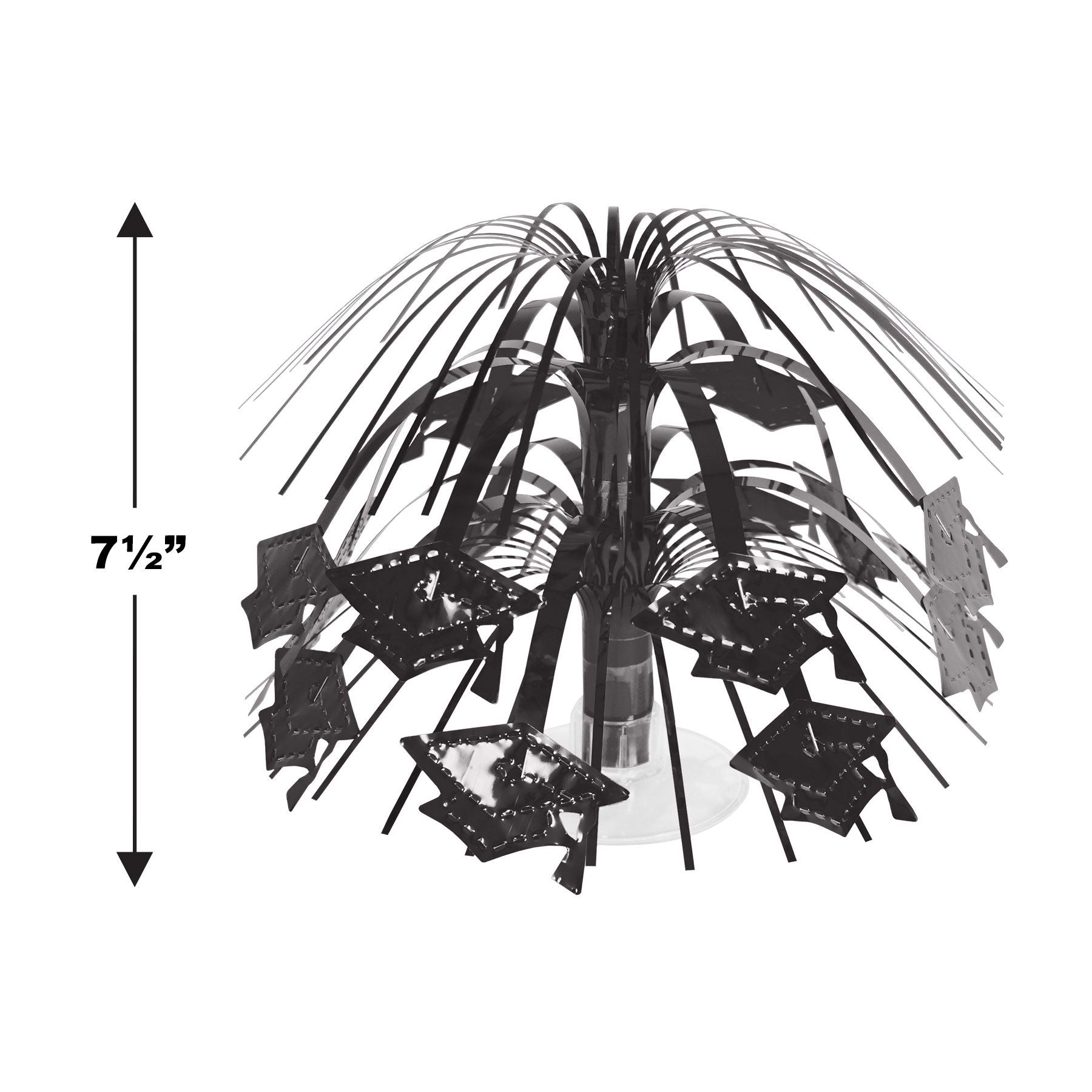 Black Grad Cap Cascade Centerpiece with measurement reference showing 7½ inch height
