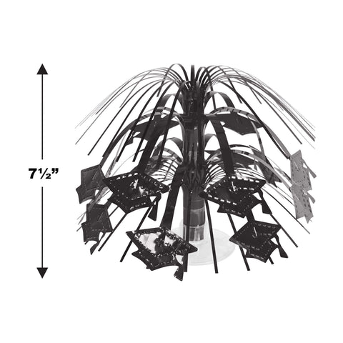 Black Grad Cap Cascade Centerpiece with measurement reference showing 7½ inch height