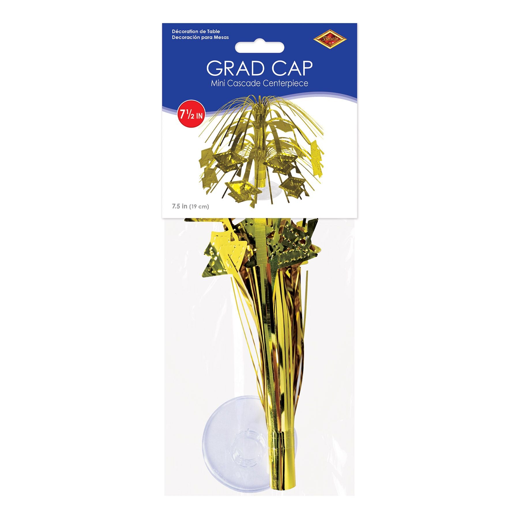 Gold Grad Cap Cascade Centerpiece 7½" shown in retail packaging for graduation party décor