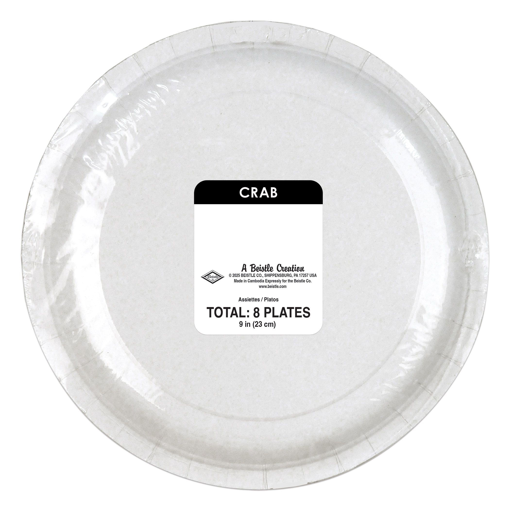 Bottom view of Crab themed paper plates in original packaging 8 count white plates with red crabs