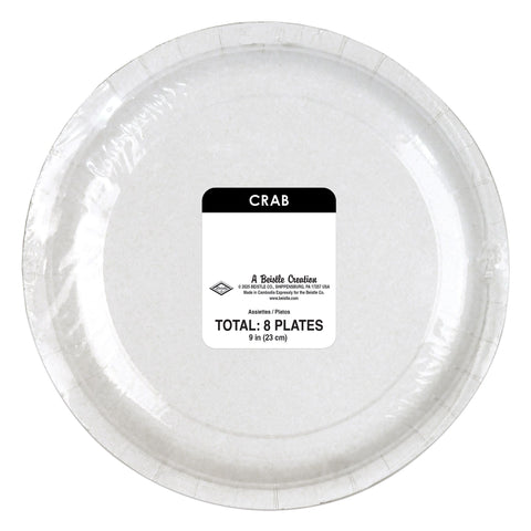 Bottom view of Crab themed paper plates in original packaging 8 count white plates with red crabs