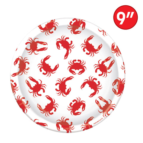 White disposable 9 inch crab design paper plates showing red crab pattern