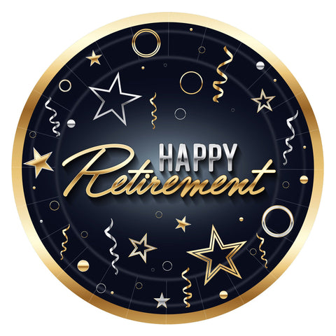 Happy Retirement 9” Paper Plates – 8 Count | Black with Gold Print & Trim for Retirement Parties