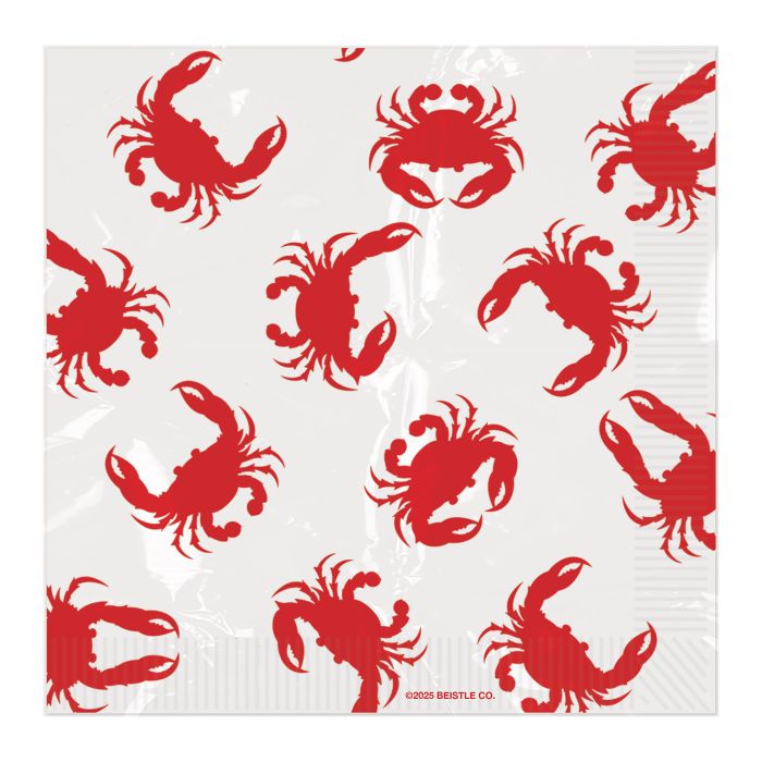 White lunch napkin with red crab design detail showing pattern and texture