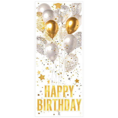 Happy Birthday door cover decoration with gold silver balloons and confetti 6 ft by 30 inch party banner Manahawkin NJ