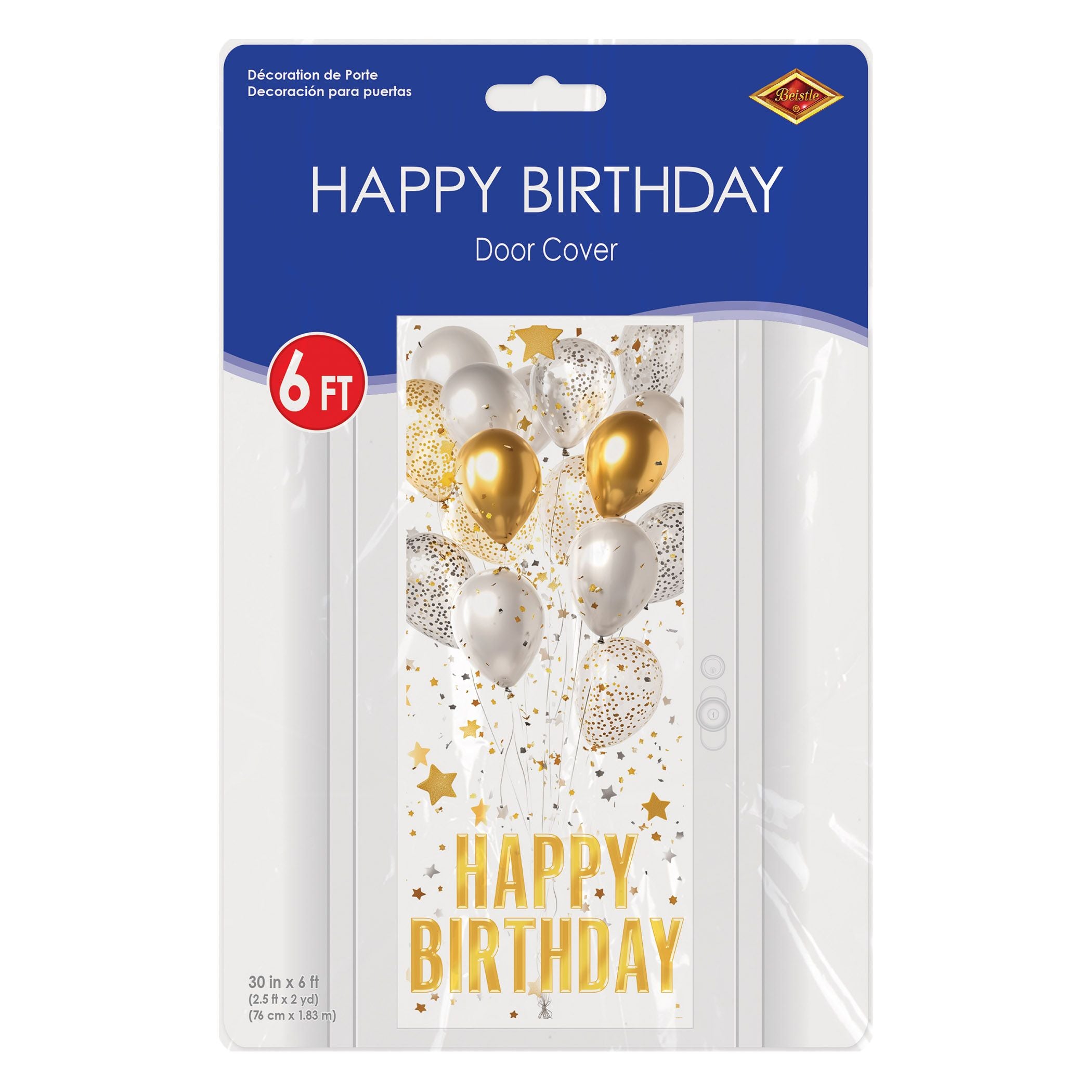 Packaged Happy Birthday door cover decoration 6 foot by 30 inch party supply in retail packaging.