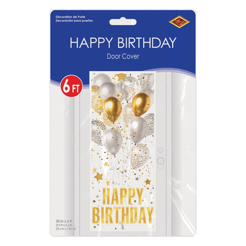 Packaged Happy Birthday door cover decoration 6 foot by 30 inch party supply in retail packaging.