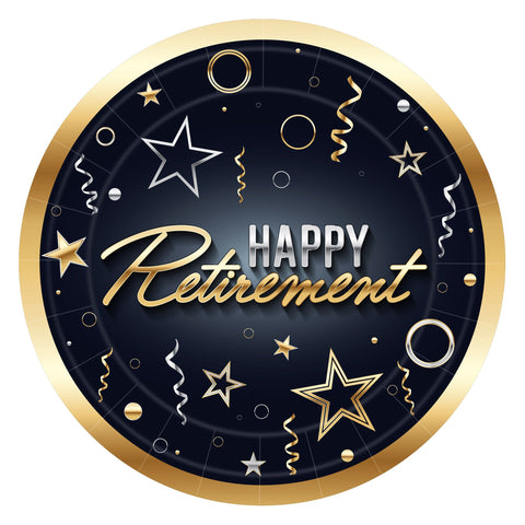 Happy Retirement 7” Paper Plates – 8 Count | Black with Gold Trim & Print for Retirement Parties
