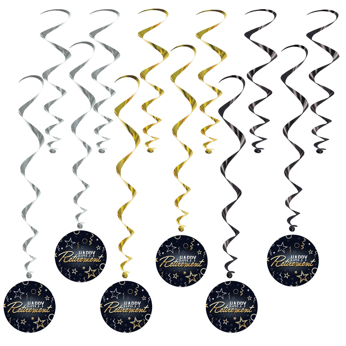 Happy Retirement Hanging Swirl Decorations – 12-Pack Party Whirls with Icons & Plain White, 17½”-30½” – Retirement Party Supplies