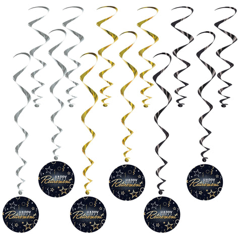 Happy Retirement Hanging Swirl Decorations – 12-Pack Party Whirls with Icons & Plain White, 17½”-30½” – Retirement Party Supplies
