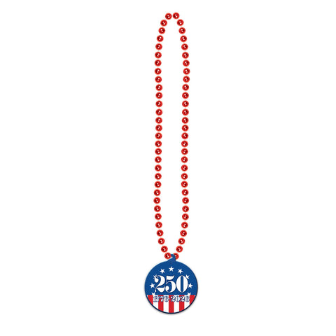 Patriotic plastic beads with 250th birthday 1776-2026 medallion in Manahawkin, NJ at Party Fair.