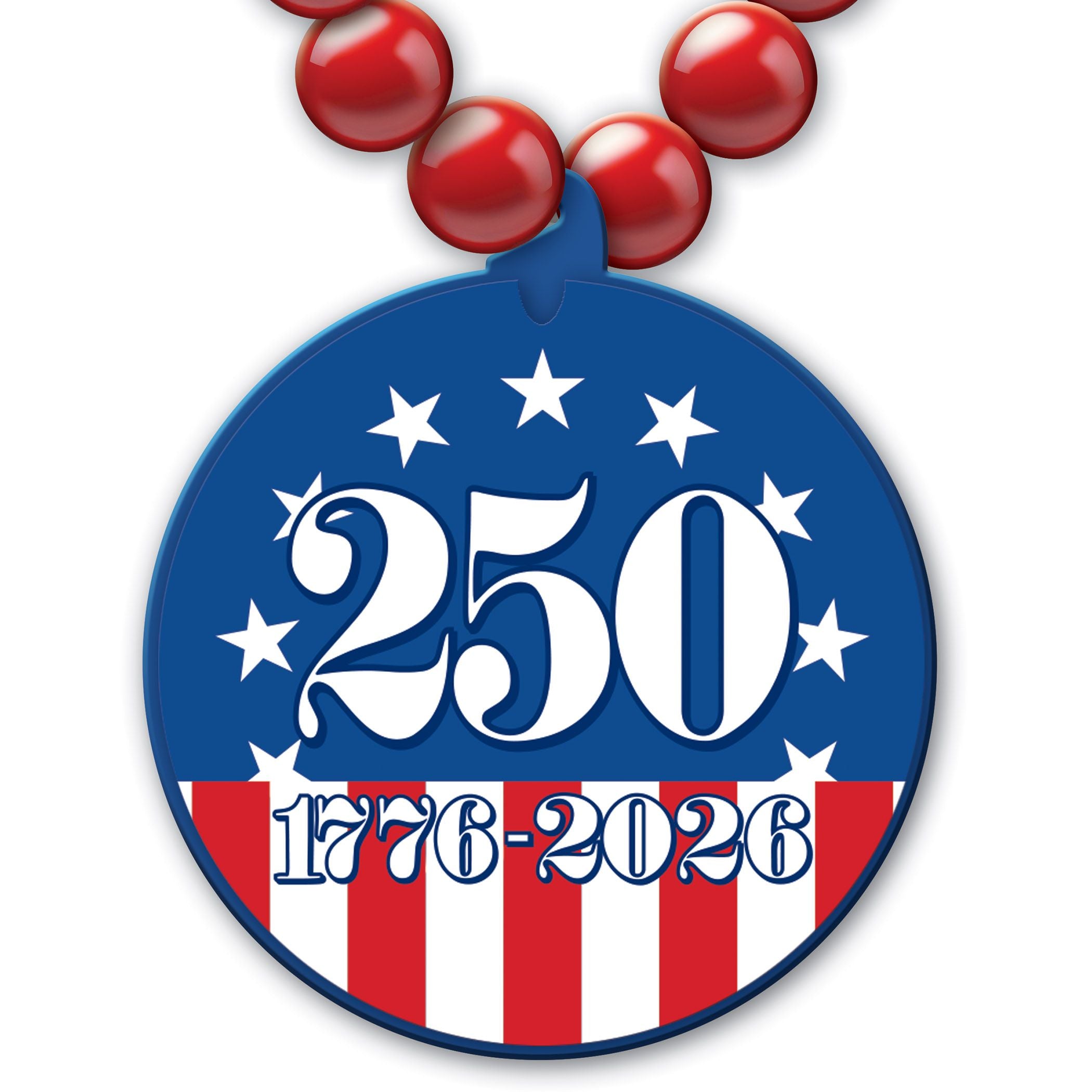 Close-up detail of the 1776-2026 USA semiquincentennial milestone text on the plastic necklace medallion.