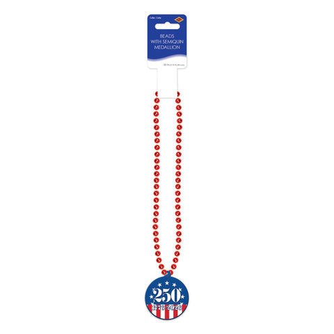 Retail packaging for the 33 inch patriotic plastic beads with 250th birthday commemorative medallion.