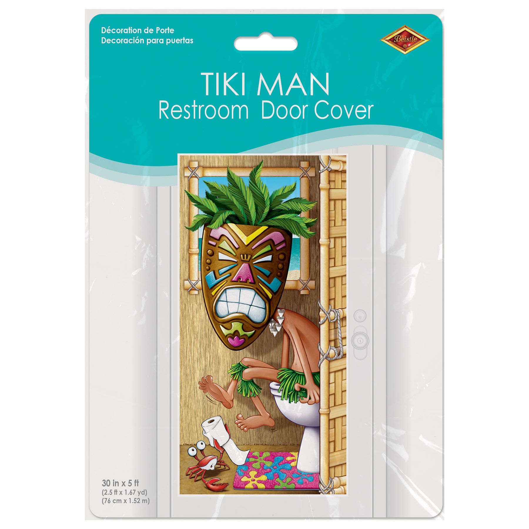 Tiki Man Restroom Door Cover – All-Weather Luau Party Decoration, 5' x 30" – Hawaiian Bathroom Door Banner for Indoor/Outdoor Use