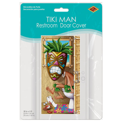 Tiki Man Restroom Door Cover – All-Weather Luau Party Decoration, 5' x 30" – Hawaiian Bathroom Door Banner for Indoor/Outdoor Use