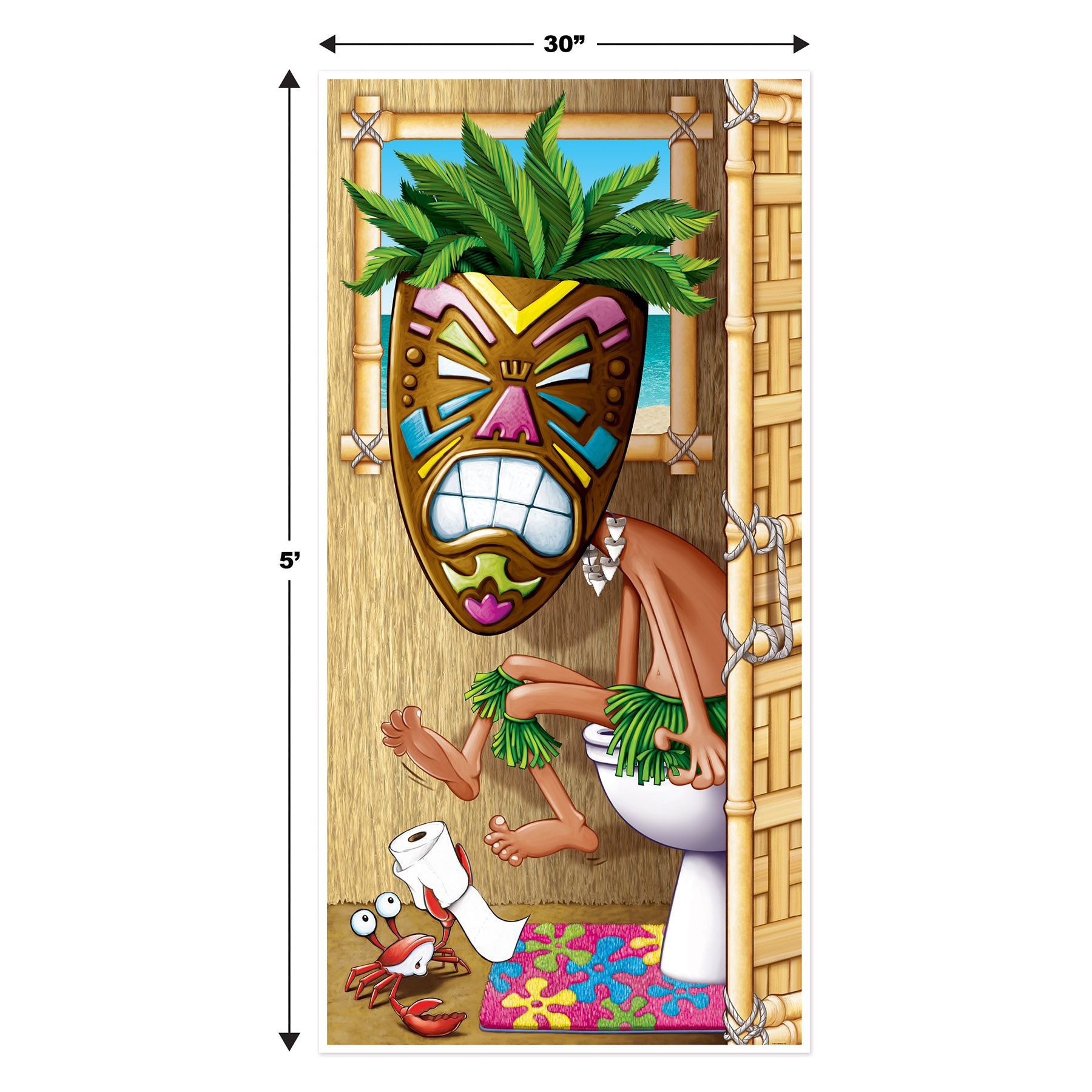 Tiki Man Restroom Door Cover – All-Weather Luau Party Decoration, 5' x 30" – Hawaiian Bathroom Door Banner for Indoor/Outdoor Use