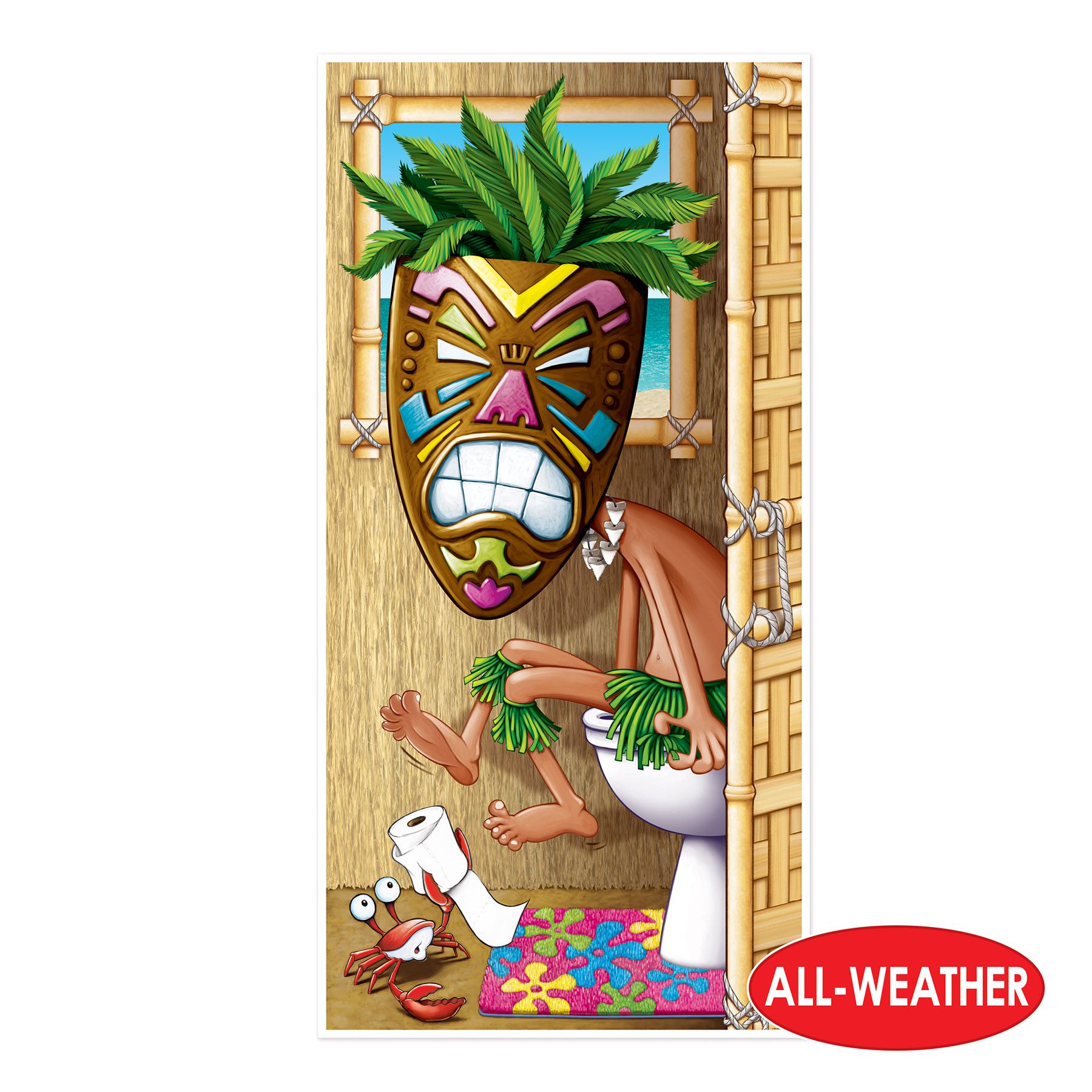 Tiki Man Restroom Door Cover – All-Weather Luau Party Decoration, 5' x 30" – Hawaiian Bathroom Door Banner for Indoor/Outdoor Use