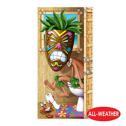 Tiki Man Restroom Door Cover – All-Weather Luau Party Decoration, 5' x 30" – Hawaiian Bathroom Door Banner for Indoor/Outdoor Use