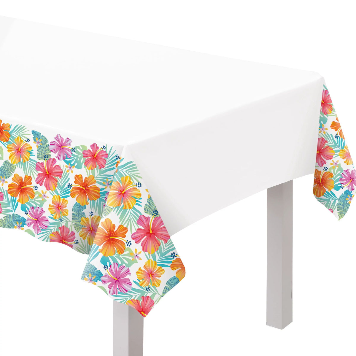 Summer Dreams tropical plastic table cover with hibiscus and palm print for luau parties at Party Fair in Manahawkin, NJ