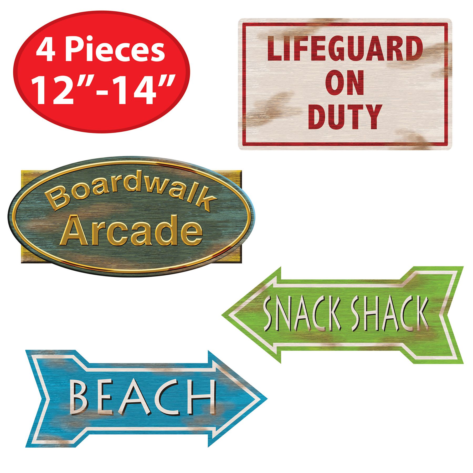 Beach Sign Cutouts – Double-Sided Tropical Party Decorations, 12–14" | Set of 4 – Summer Luau Wall Decor