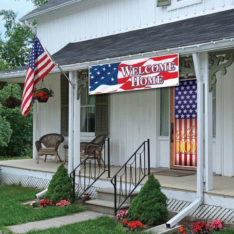 Welcome Home banner hanging outdoors on a home in Manahawkin, NJ for a returning service member