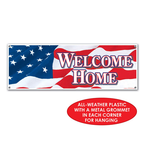 Welcome Home banner with four grommets for easy hanging indoors or outdoors
