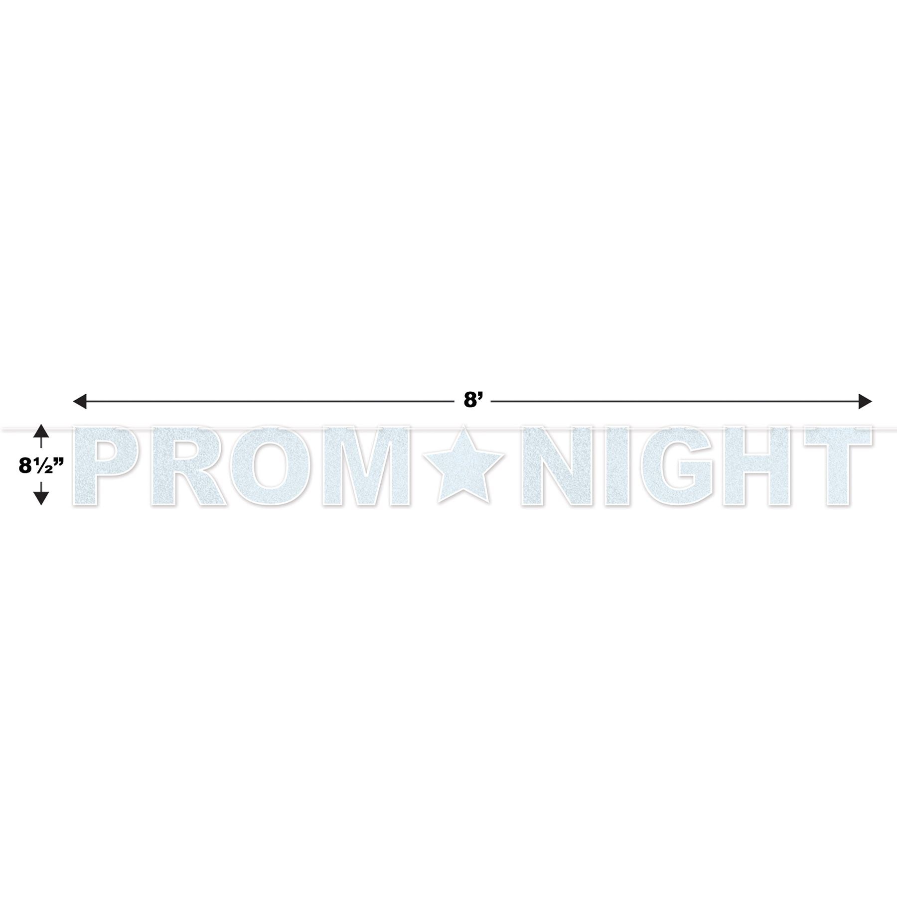 “Prom Night” glitter banner with measurement reference showing 8½ inch width and 8 foot length