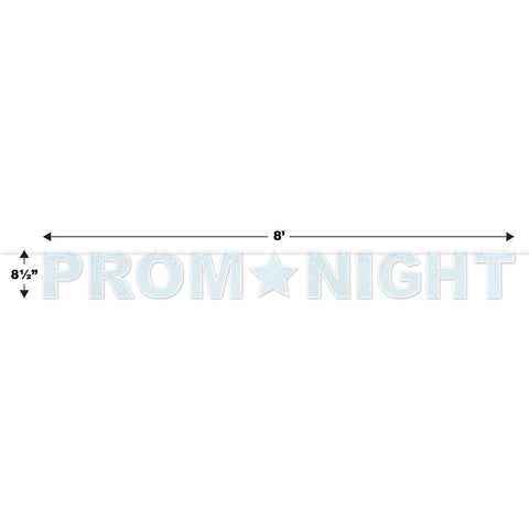 “Prom Night” glitter banner with measurement reference showing 8½ inch width and 8 foot length